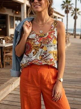 Vintage Crepros thin colorful silk top with map image size M